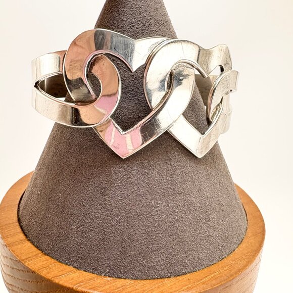 VTG Solid Sterling Silver 925 Heart Link Open Cuff Bracelet Size 7.5" Fit - Picture 7 of 14